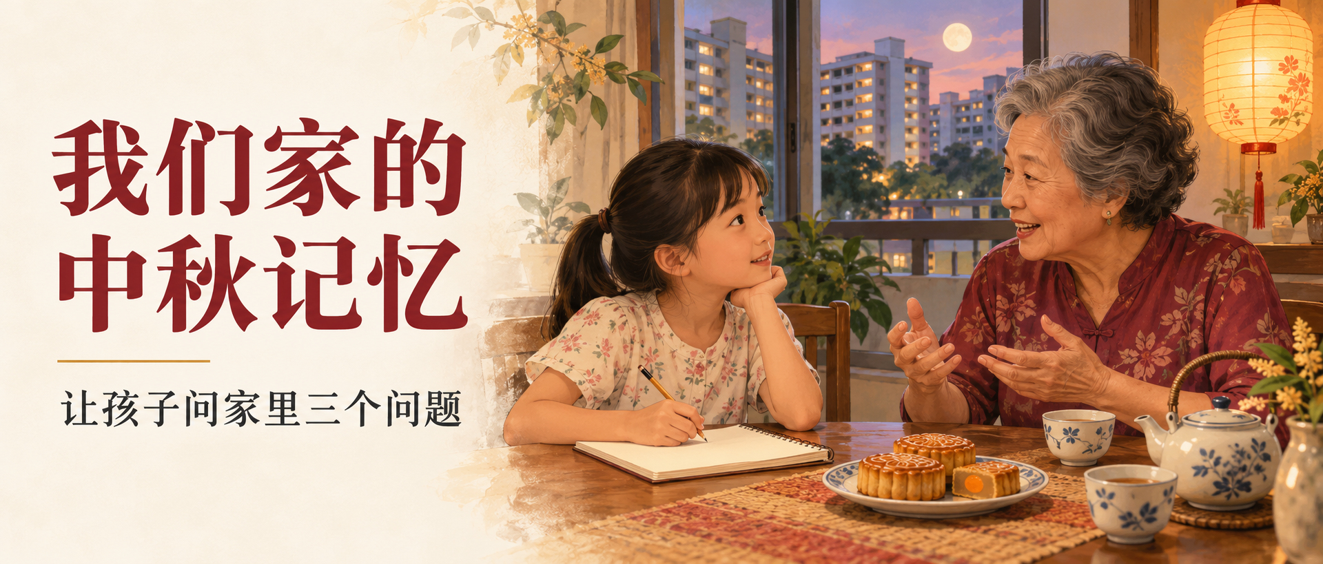 Illustration of a child interviewing a family elder at Mid-Autumn and recording their memories
